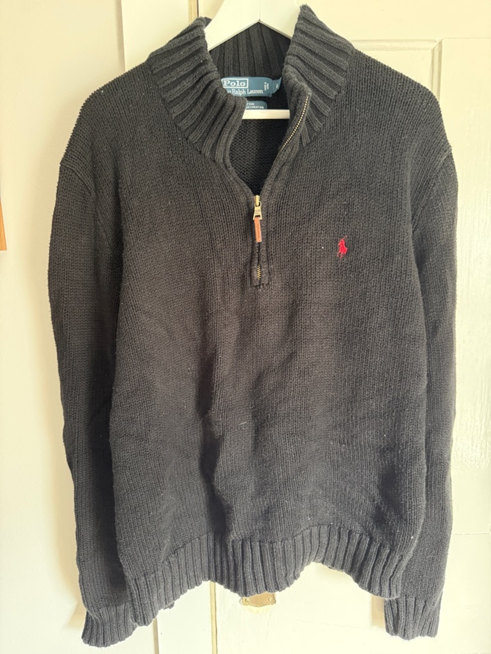 Polo by Ralph Lauren Men’s Charcoal Quarter-Zip Sweater with Red Pony